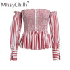 Ruffle Striped off shoulder blouse shirt Women sexy button crop top Vintage tube party club female blouse shirt