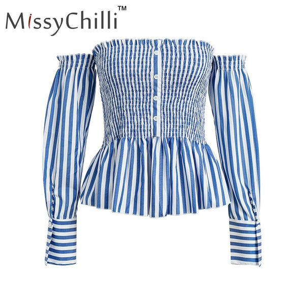 Ruffle Striped off shoulder blouse shirt Women sexy button crop top Vintage tube party club female blouse shirt