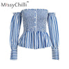 Ruffle Striped off shoulder blouse shirt Women sexy button crop top Vintage tube party club female blouse shirt