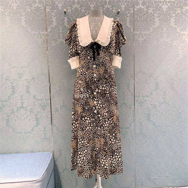 Miu Summer Retro Tea Break Platycodon Floral Dress Puff Sleeve Beach Vacation Long Dress Women
