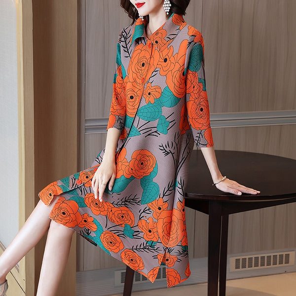 Miyake Pleated Rose Dress Fall 2022 Winter Loose Plus Size Button Dress  Aesthetic Vintage Indie Clothes