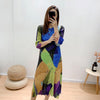 Miyake Pleated Geometric Painted Dress Women Fall 2022 Winter Round neck Loose Plus size Long Designer Clothing