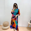 Miyake Pleated Geometric Painted Dress Women Fall 2022 Winter Round neck Loose Plus size Long Designer Clothing