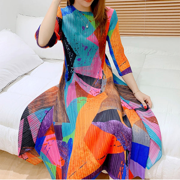Miyake Pleated Geometric Painted Dress Women Fall 2022 Winter Round neck Loose Plus size Long Designer Clothing