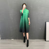 Miyake Pleated Scarf Collar Dress 2022 Spring Women V-neck Dress Long Large Size Elegant Gradient Color Clothing