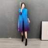 Miyake Pleated Scarf Collar Dress 2022 Spring Women V-neck Dress Long Large Size Elegant Gradient Color Clothing
