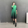 Miyake Pleated Scarf Collar Dress 2022 Spring Women V-neck Dress Long Large Size Elegant Gradient Color Clothing