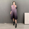 Miyake Pleated Scarf Collar Dress 2022 Spring Women V-neck Dress Long Large Size Elegant Gradient Color Clothing