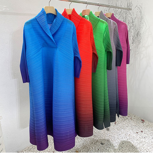 Miyake Pleated Scarf Collar Dress 2022 Spring Women V-neck Dress Long Large Size Elegant Gradient Color Clothing