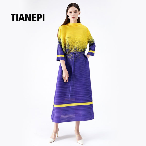Miyake Pleated Women Dresses Fall 2022 printed horizontal pleated loose plus size dress contrasting elegant lace dress