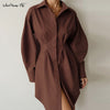 Mnealways18 Autumn Winter Bodycon Dress Women Long Sleeve Khaki Pleated Shirt Dress Office Ladies Solid Lapel Casual Midi Dresss