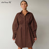 Mnealways18 Autumn Winter Bodycon Dress Women Long Sleeve Khaki Pleated Shirt Dress Office Ladies Solid Lapel Casual Midi Dresss