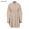 Mnealways18 Autumn Winter Bodycon Dress Women Long Sleeve Khaki Pleated Shirt Dress Office Ladies Solid Lapel Casual Midi Dresss