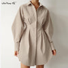 Mnealways18 Autumn Winter Bodycon Dress Women Long Sleeve Khaki Pleated Shirt Dress Office Ladies Solid Lapel Casual Midi Dresss