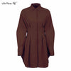 Mnealways18 Autumn Winter Bodycon Dress Women Long Sleeve Khaki Pleated Shirt Dress Office Ladies Solid Lapel Casual Midi Dresss