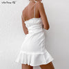 Mnealways18 Cotton White Spaghetti Strap Sexy Bodycon Dress Women breasted Mini Sundress Summer Lace-Up Ladies Corset Dress 2022