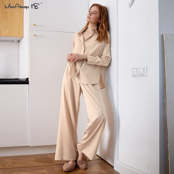 Mnealways18 Spring Summer 2 Piece Sets Ladies Office Outfits Shirts And Wide Legs Trousers Women Sets Oversize Suits Loungewear