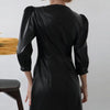 Moarcho PU Leather Casual Women Dresses V-Neck Lantern Sleeve Single Breasted Pocket Autumn Midi Dress Elegant 2022