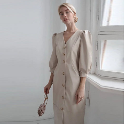 Moarcho PU Leather Casual Women Dresses V-Neck Lantern Sleeve Single Breasted Pocket Autumn Midi Dress Elegant 2022