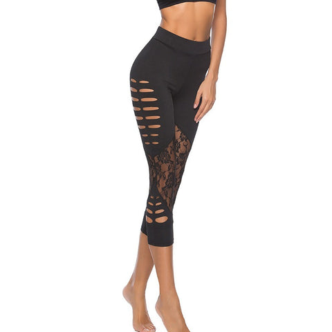 Modified body Lace Patch Hollow Leggings Women Yo-ga Fitness Leggings Pants Mid-Calf Casual Black Leggings Summer Spring