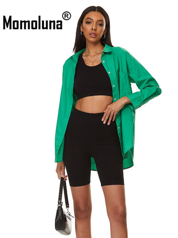 Momoluna Woman Green Long Sleeve Oversize Loose Blouse Shirt Outfit