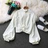 Mooirue Autumn Elegant Office Lady Shirt Solid Front Knot Lantern Sleeve Loose Chiffon Blouse Femme Casual Black White Khaki Top