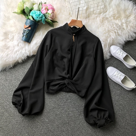 Mooirue Autumn Elegant Office Lady Shirt Solid Front Knot Lantern Sleeve Loose Chiffon Blouse Femme Casual Black White Khaki Top