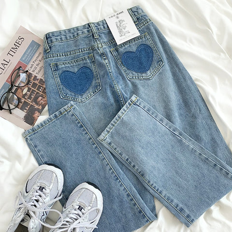 Mooirue Kawaii Winter Women Jeans Wide Leg Love Stick Pocket High Waist Loose Thin  Spring Wash Blue Straight Jeans