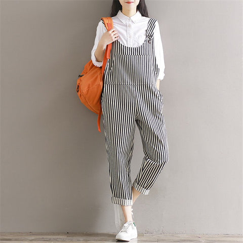 Mori Girl Autumn Spring Casual Women Jumpsuits Belt Striped Cotton Female Overalls Loose Elegant Vintage Rompers