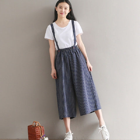 Mori Girl Spring Summer Women Overalls Casual Loose Cotton Linen Stripe Wide Leg Women Pants Strap Backless Female Jumpsuits