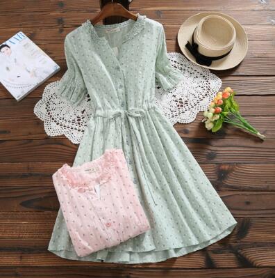 Mori Girl Sweet Summer Women Floral Dress Ruffled Collar Print String Female Vestidos Jacquard Cotton Pink Green Cute Dress