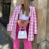MosiMolly 2023 Cotton Plaid Blazer Coats Pink Plaid Outerwear Coats Blazer Jacket Coats Streetwear