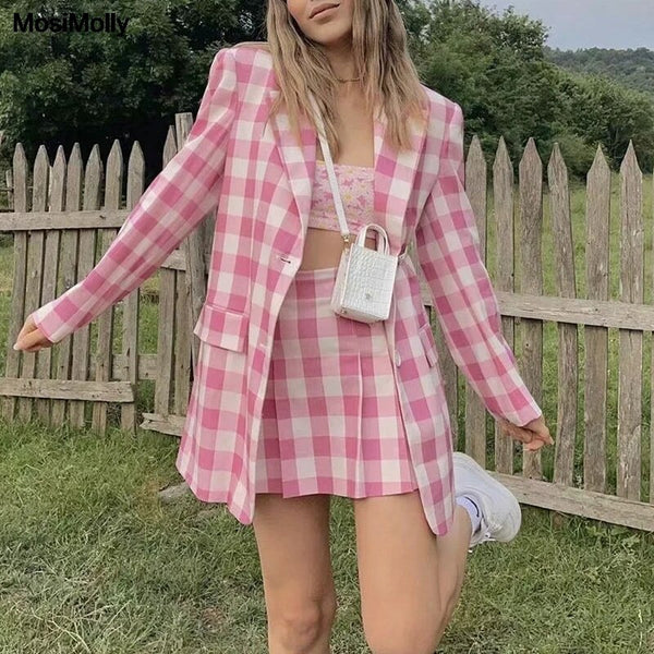 MosiMolly 2023 Cotton Plaid Blazer Coats Pink Plaid Outerwear Coats Blazer Jacket Coats Streetwear