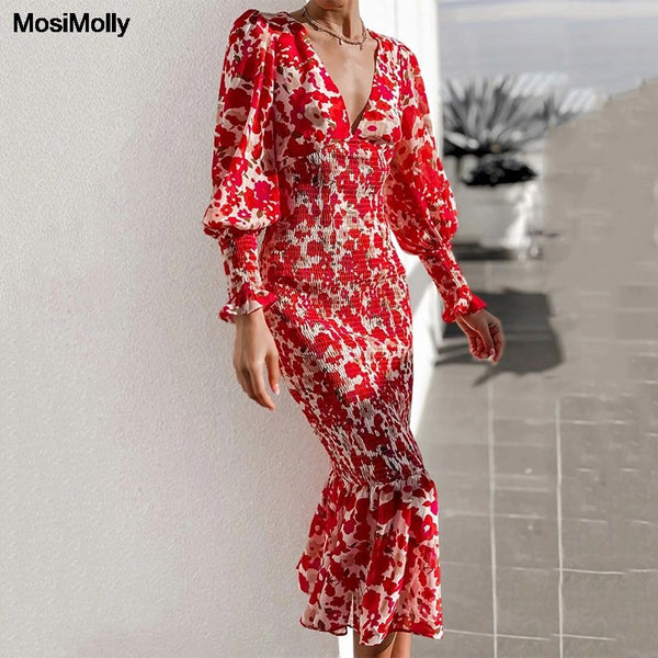 MosiMolly 2022 V neck Floral Dress Women Shirred Mermaid Dress Midi Dress Long Sleeve Dress