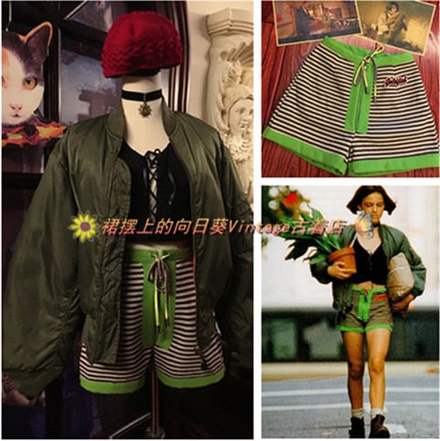 Movie Leon Mathilda Cosplay Suit Black Short Sleeve T-shirt; Green Striped Shorts; Green Coat; Red Knitted Hat; Necklace;Rabbit