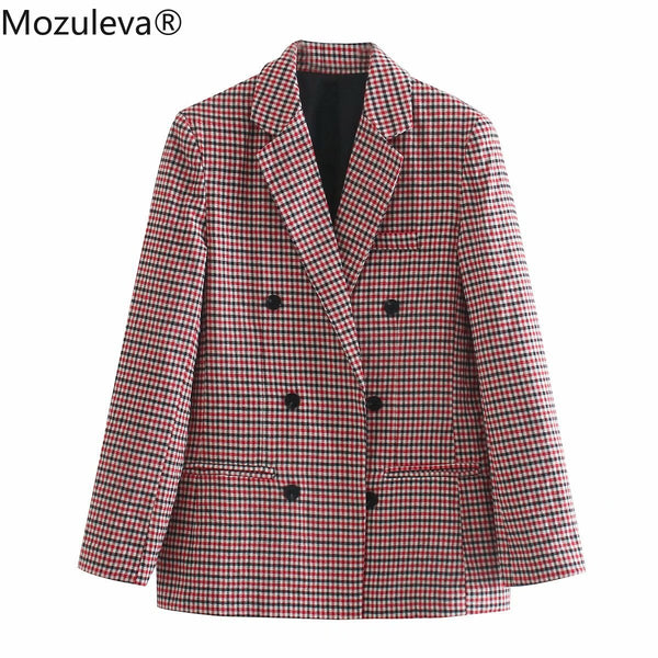 Mozuleva 2022 Office Ladies Plaid Blazer Jacket Women Casual Double-breasted Sashes Suit Jacket Female Slim Blazer Outwear