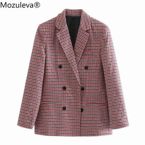 Mozuleva 2022 Office Ladies Plaid Blazer Jacket Women Casual Double-breasted Sashes Suit Jacket Female Slim Blazer Outwear