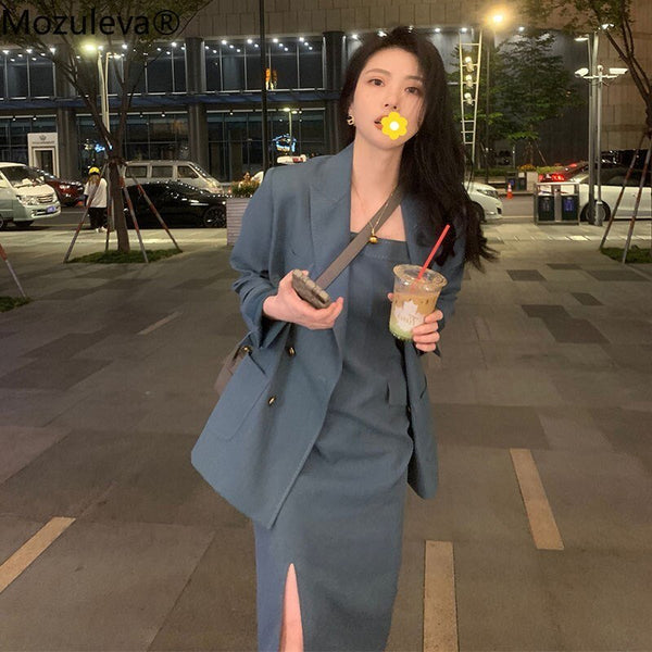 Mozuleva 2022 Spring Business Suit Elegant Office Dress Lady Work 2 Pieces Set Long Sleeve Blazer and Sleeveless Dress Suit Sets