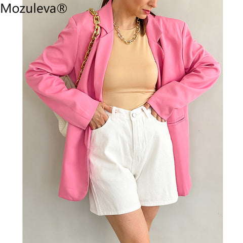 Mozuleva 2023 Chic Loose Light Pink Women Blazer Autumn Spring Single Buttons Female Oversized Suit Jacket Full Sleeve Outwear