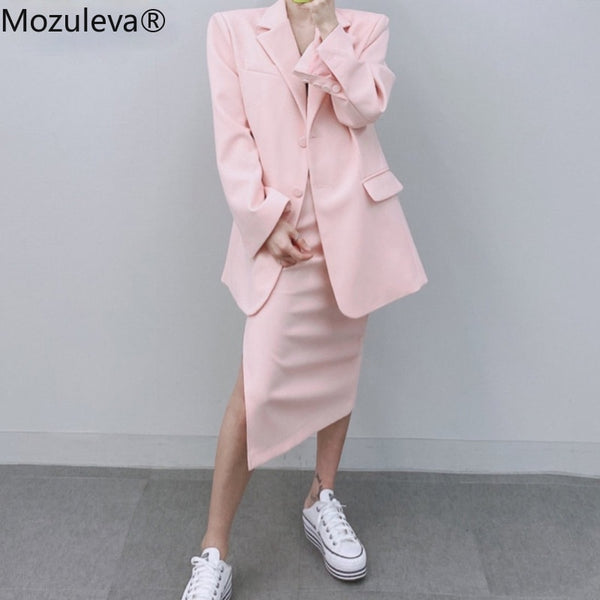 Mozuleva Elegant Office Ladies Skirt Suits Long Sleeve Blazer & High Waist Split Pencil Midi Skirt Summer Women 2 Pieces Set