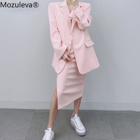 Mozuleva Elegant Office Ladies Skirt Suits Long Sleeve Blazer & High Waist Split Pencil Midi Skirt Summer Women 2 Pieces Set