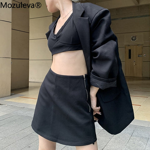 Mozuleva Elegant Women Chic 3 Pieces Set Long Sleeve Suit Jackets & Camisole & Mini Skirt & Pant 2022 Autumn Ladies Solid  Suits