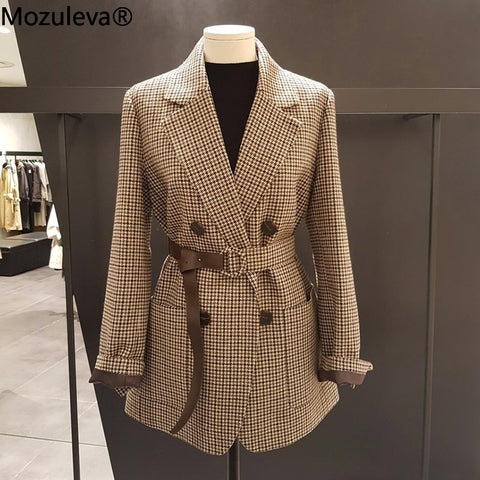 Mozuleva Korean Plaid Women Work Blazer Jacket Casual Double-breasted Sashes Suit Jacket Female 2022 Slim Female Blazer Outwear