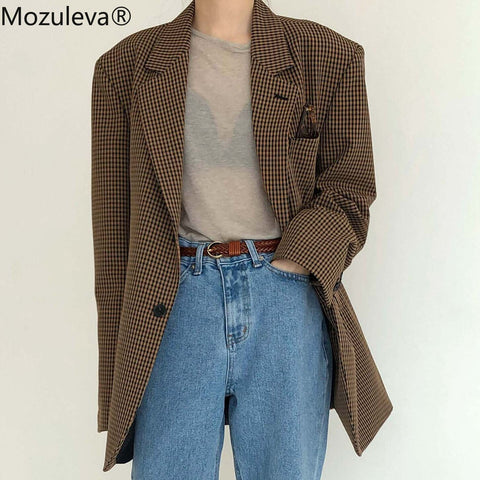 Mozuleva Retro Women Plaid Blazers Jackets Work Office Lady Suit Slim Single Breasted Business Oversized Blazer Coat Talever