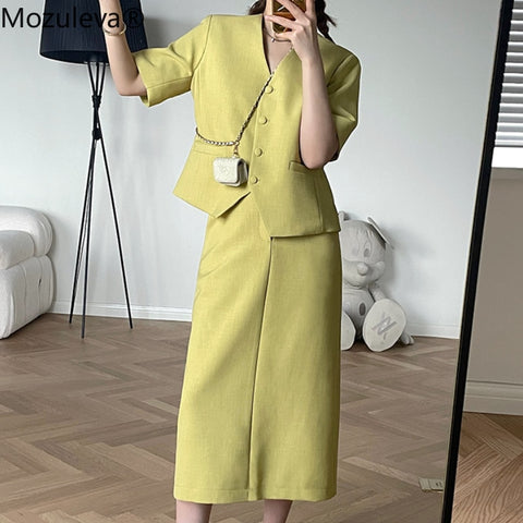 Mozuleva Summer Women Green Skirt Suits 2022 Elegant Single-breasted Short Suit Jacket & Pencil Skirt Elegant Ladies Blazer Sets