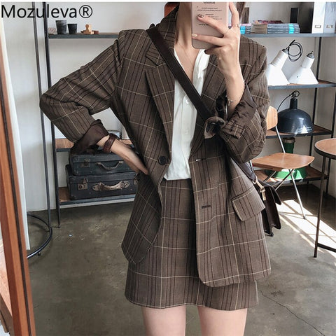 Mozuleva Two-piece Plaid Blazer Suit Women Single-breasted Jacket & Pencil Skirt Women Skirt Suit Casual Blazer Set 2022 Autumn