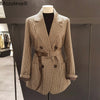 Mozuleva Vintage Houndstooth Women Blazer Sashes Double-breasted Plaid 2023 Female Suit Jacket Long Sleeve Pockets blaser femme