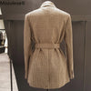 Mozuleva Vintage Houndstooth Women Blazer Sashes Double-breasted Plaid 2023 Female Suit Jacket Long Sleeve Pockets blaser femme