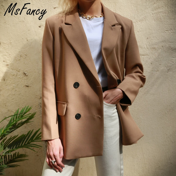Msfancy 2022 Blazer Women Double Breasted Oversized Suits Jacket Official Ladies Loose Long Sleeve Mujer Vestido MS001