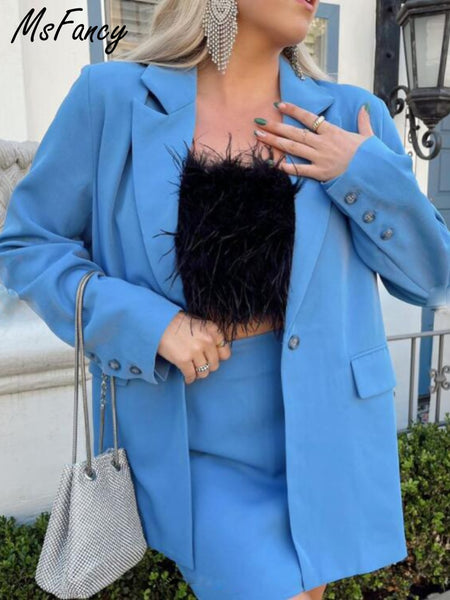 Msfancy Blue 2 Piece Set Women Skirt Blazer Suit Mujer 2023 Spring Elegant Lady Official Outfits
